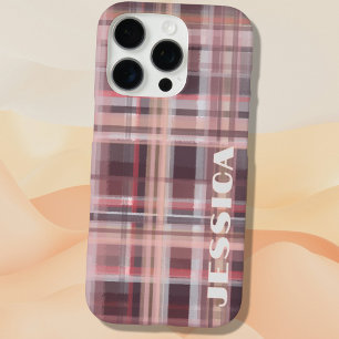 Coque iPhone 16 Pro Monogramme Tartan Rouge Bourguignon Rose Pâle Rayu