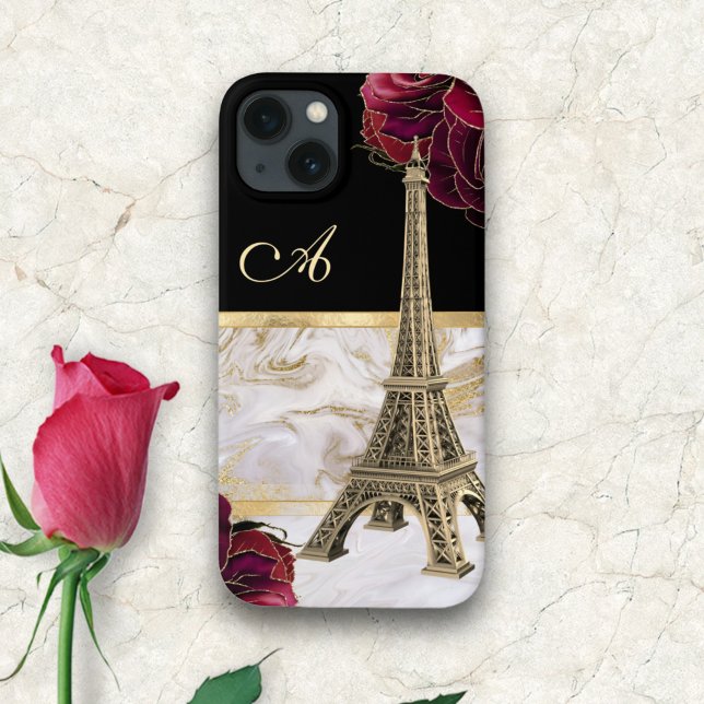 Coques Case-Mate iPhone Monogramme Tour Eiffel Or, Rose en marbre noir (Créateur téléchargé)