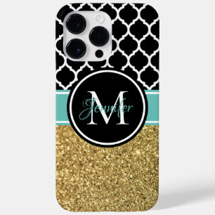 Coque Case-Mate iPhone Monogramme Treillis Noir Blanc Sarcelle Paillettes