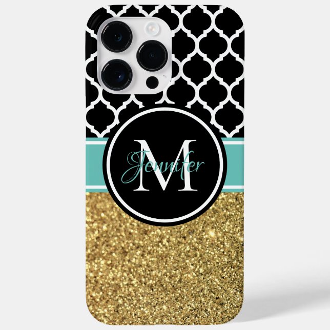 Coques Case-Mate iPhone Monogramme Treillis Noir Blanc Sarcelle Paillettes (Verso)