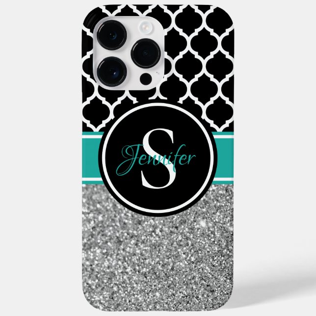 Coques Case-Mate iPhone Monogramme Treillis Noir et Blanc Paillettes Argen (Verso)