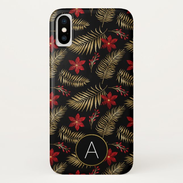 Coques Case-Mate iPhone Monogramme Tropical Black and Gold Feuilles (Dos)