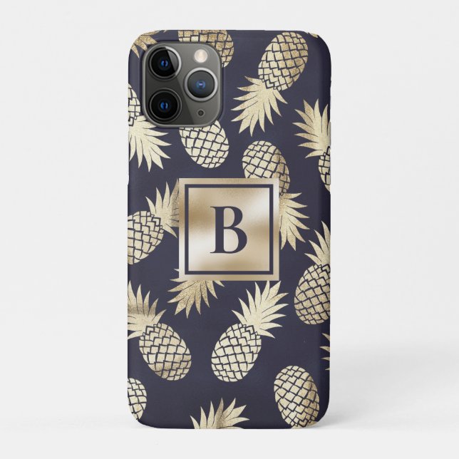 Coques Case-Mate iPhone Monogramme Tropical Pineapple Féminin Or Navy (Dos)