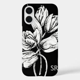 Coques iPhone 16 Monogramme Tulipe blanche sur noir
