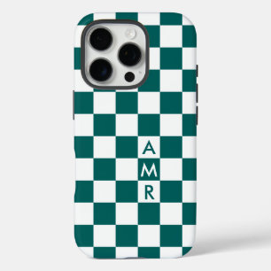 Coque iPhone 16 Pro Monogramme Turquoise blanc À damiers Motif