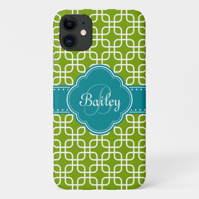 Coques Case-Mate iPhone Monogramme Turquoise de Motif vert Mod (Dos)