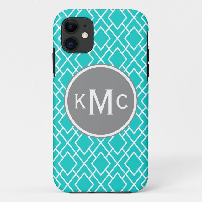 Coques Case-Mate iPhone Monogramme Turquoise élégant Motif Diamant bleu (Dos)