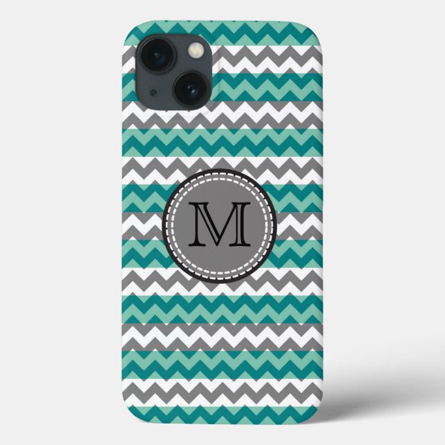 Coques Case-Mate iPhone Monogramme Turquoise et Grey Chevron Zigzag (Verso)