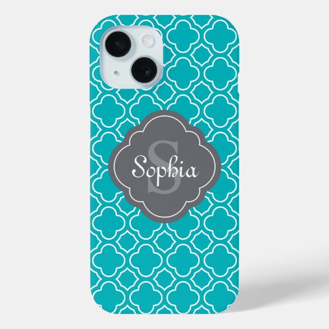Coques Case-Mate iPhone Monogramme Turquoise et gris Arabesque Motif (Verso)