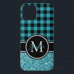 Case-Mate iPhone Case Monogramme Turquoise et noir de Parties scintillan<br><div class="desc">Noir, blanc et turquoise turquoise personnalisable monogrammed design. En haut se trouve un en vichy de bûcheron noir personnalisable ou un motif de style plaid à buffle. En bas, une photo de parties scintillant turquoise légère. Le design est une photo, donc fausse texture de parties scintillant. Créez votre propre coque...</div>