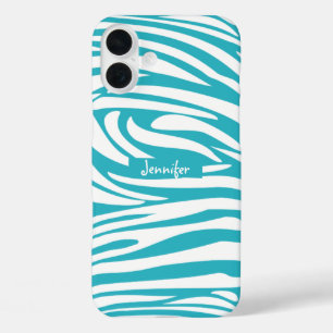 Coque Pour iPhone 16 Plus Monogramme Turquoise rayé Zèbre motif tendance