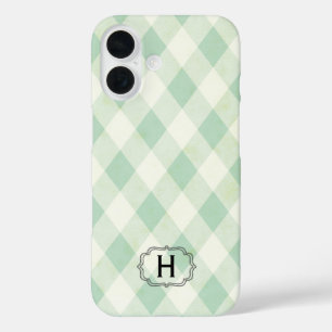 Coque Pour iPhone 16 Monogramme unique encadré sur gingham vert et ment