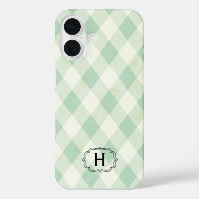 Coques Case-Mate iPhone Monogramme unique encadré sur gingham vert et ment (Verso)