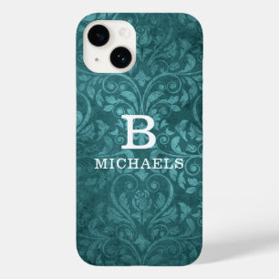 Coque Case-Mate iPhone Monogramme Vert Damassé Fleurs Nom Personnalisé