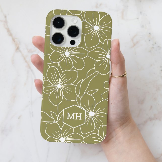Coques Case-Mate iPhone Monogramme Vert Floral Simple Line Motif d'art (Monogrammed Green Floral Simple Line Art Pattern Case-Mate iPhone Case)