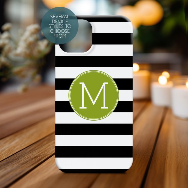 Coques Case-Mate iPhone Monogramme vert Motif rayé noir et blanc (Personalized Phone Case with Monogram)