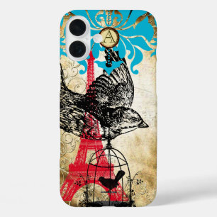 Coques iPhone 16 Plus Monogramme Vintage Bird Effiel Tower Damassé iPhon