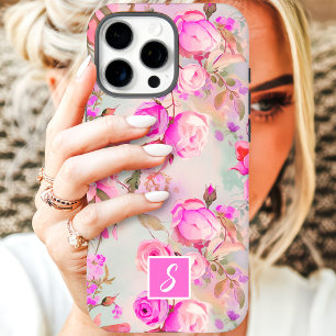 Coque iPhone 16 Pro Max Monogramme vintage De Floral Blanc Et Rose