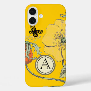Coques iPhone 16 Plus Monogramme Vintage Moderne Pavot Jaune Floral