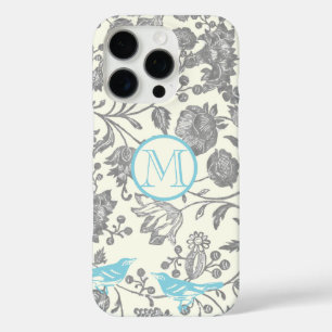 Coques iPhone 16 Pro Monogramme Vintage Oiseau Gris Ivoire Aqua Bleu
