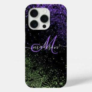 Coque Case-Mate iPhone Monogramme violet et Parties scintillant verte