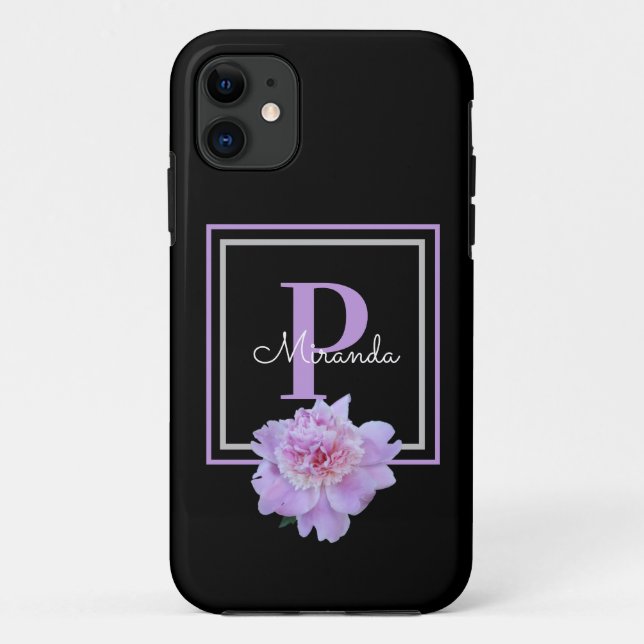 Coques Case-Mate iPhone Monogramme violet rose pivoine noir (Dos)