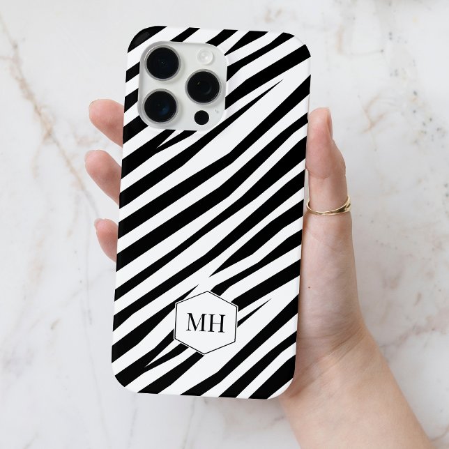Coques Case-Mate iPhone Monogramme Zebra Black and White Chic Motif (Monogrammed Zebra Black and White Chic Pattern Case-Mate iPhone Case)