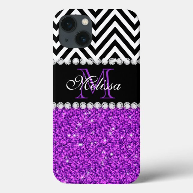 COQUES Case-Mate iPhone MONOGRAMMED DE CHEVRON NOIR DE PURPLE GLITTER (Verso)