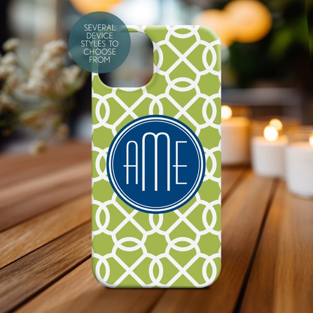 Coques Case-Mate iPhone Monogrammes de Motif géométrique vert et bleu de c (Personalized Phone Case with Monogram)