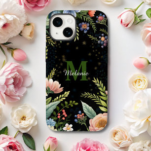 Coque Case-Mate iPhone Monographie de Fleur sauvage floral noir mou
