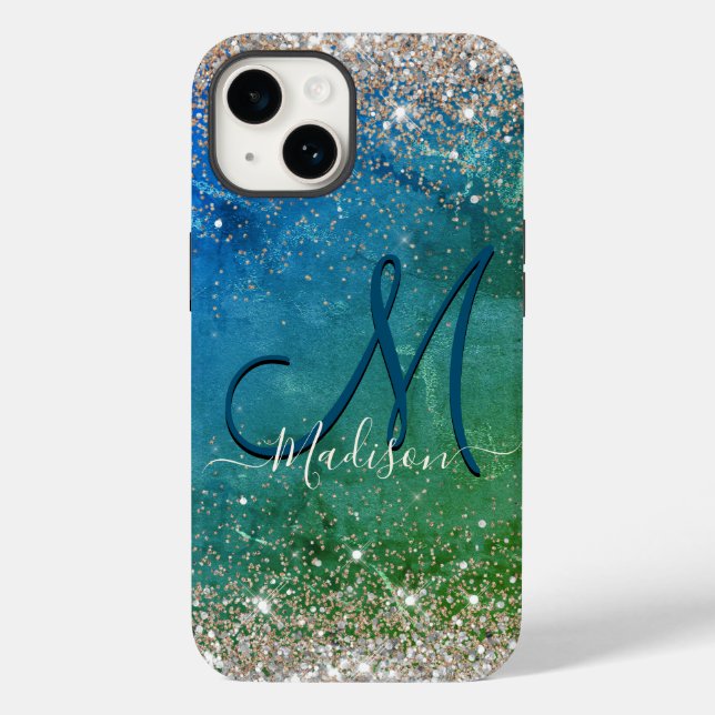 Coques Case-Mate iPhone Monographie de parties scintillant en faux or bleu (Verso)