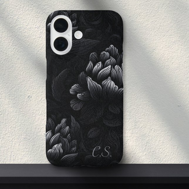 Coques Case-Mate iPhone Moody Black Peony Monogramme Girly Goth Floral (Créateur téléchargé)
