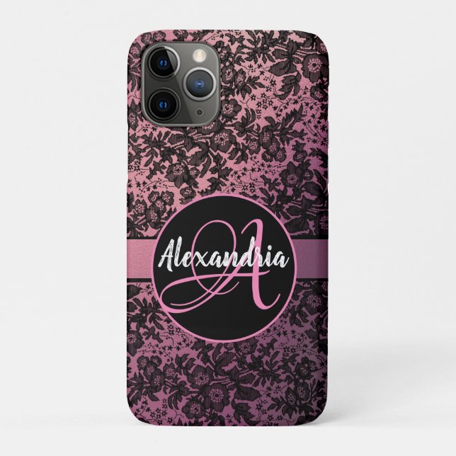 Coques Case-Mate iPhone Moody Floral noir sur Monogramme rose (Dos)