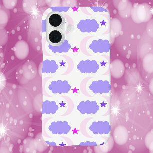 Coque Pour iPhone 16 Moon Cloud Stars foncé violet rose Motif