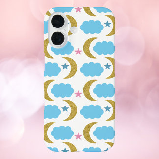 Coque Pour iPhone 16 Moon Nuages Étoiles Faux Gold Parties scintillant