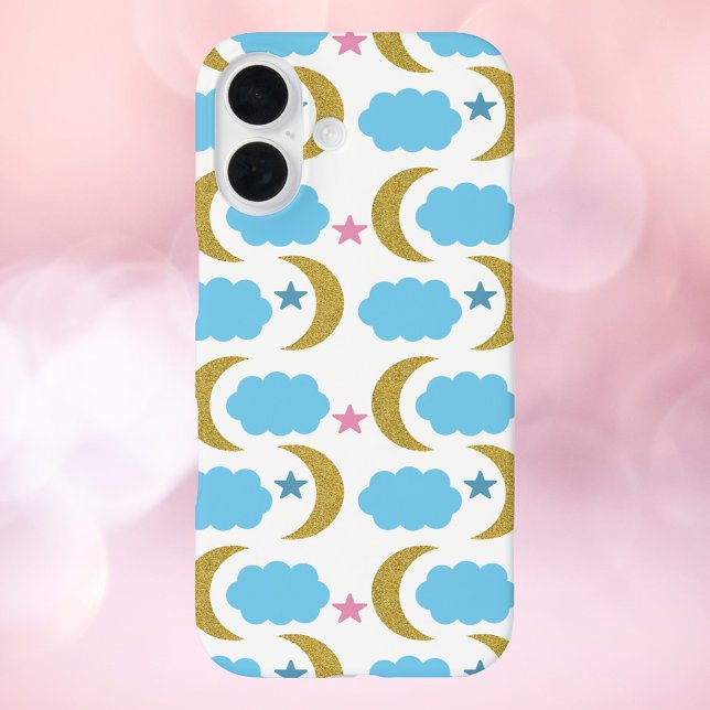 Coques Case-Mate iPhone Moon Nuages Étoiles Faux Gold Parties scintillant  (A cute phone case with gold moons, blue clouds and pink stars.)