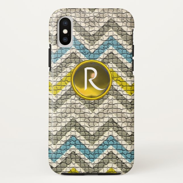 COQUES Case-Mate iPhone MOSAÏQUE BLANCHE JAUNE BLEU CHEVRONS GEM MONGRAM (Dos)