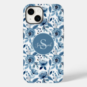 Coque Case-Mate iPhone Motif à aquarelle bleu avec Monogramme