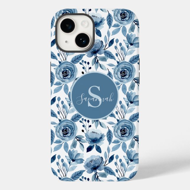 Coques Case-Mate iPhone Motif à aquarelle bleu avec Monogramme (Verso)