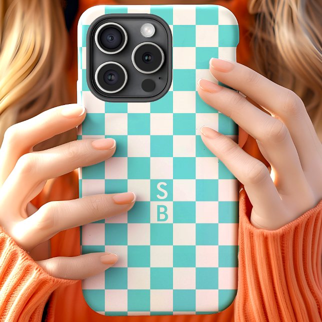 Coques Case-Mate iPhone Motif à carreaux aqua et blanc avec monogramme (Créateur téléchargé)