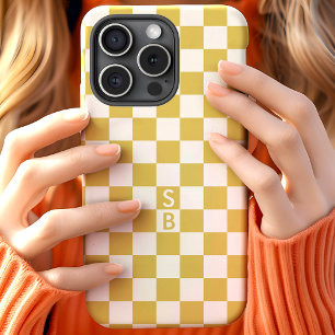 Coque Case-Mate iPhone Motif à carreaux doré et blanc avec monogramme