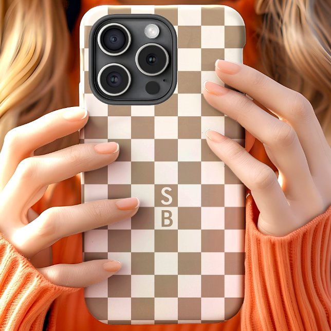 Coques Case-Mate iPhone Motif à carreaux marron et blanc avec monogramme (Créateur téléchargé)
