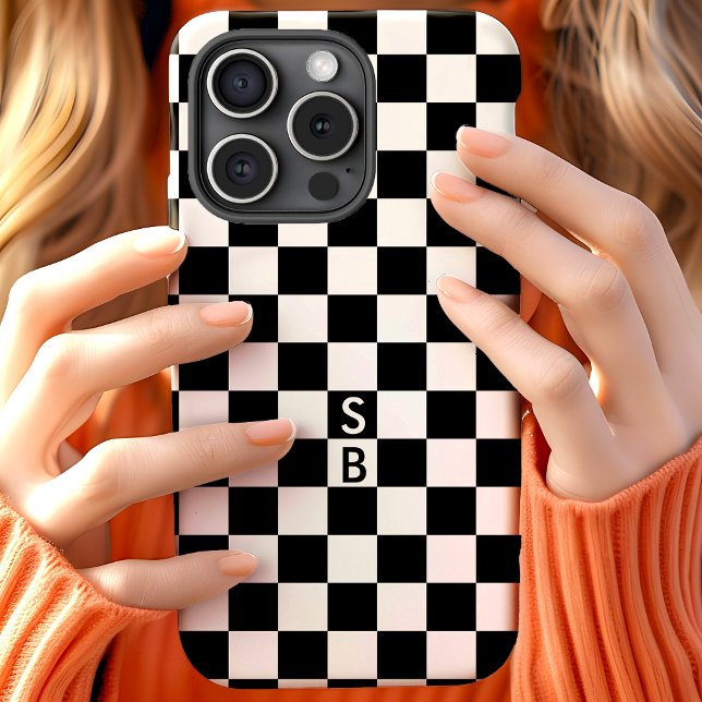 Coques Case-Mate iPhone Motif à carreaux noir et blanc avec monogramme (Créateur téléchargé)