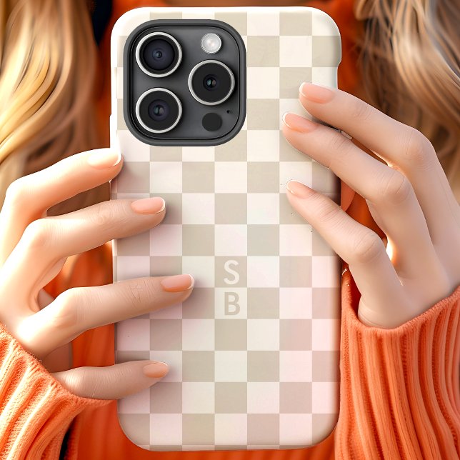 Coques Case-Mate iPhone Motif à carreaux rétro beige Monogramme (Créateur téléchargé)