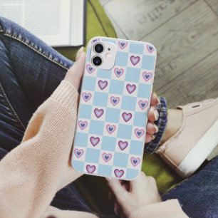 Coque Case-Mate iPhone Motif à carreaux Retro Hearts Bleu clair