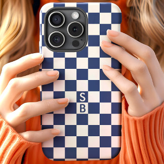 Coque Case-Mate iPhone Motif à carreaux rétro Navy avec monogramme