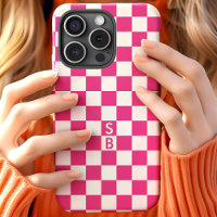Motif à carreaux rétro rose vif avec monogramme