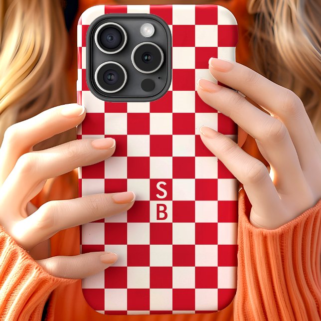 Coques Case-Mate iPhone Motif à carreaux rétro rouge Monogramme (Créateur téléchargé)