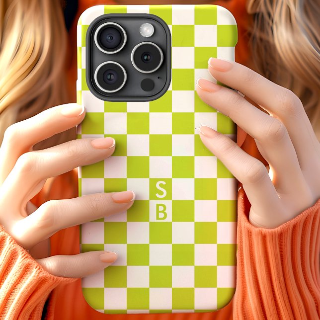 Coques Case-Mate iPhone Motif à carreaux rétro vert citron Monogramme (Créateur téléchargé)