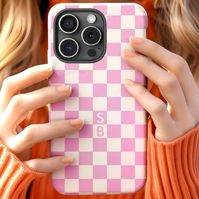 Coques Case-Mate iPhone Motif à carreaux rose et blanc avec monogramme (Créateur téléchargé)